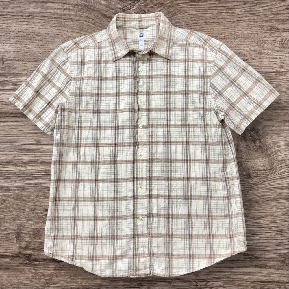 Gap Mens Linen Cotton Plaid Short Sleeve‎ Button Down Shirt Brown Cream Large